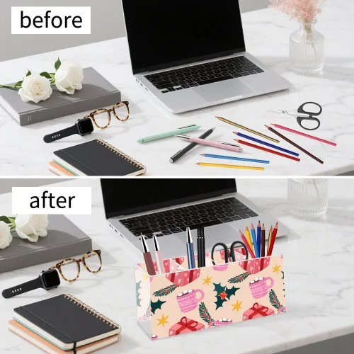 Vista 6 de Cute Christmas Mugs Acrylic Dorm Makeup Brush Holder With 4 Compartments Pen Desk Organizer Makeup Brush Storage Bow Desk Accessories Caddy Pen