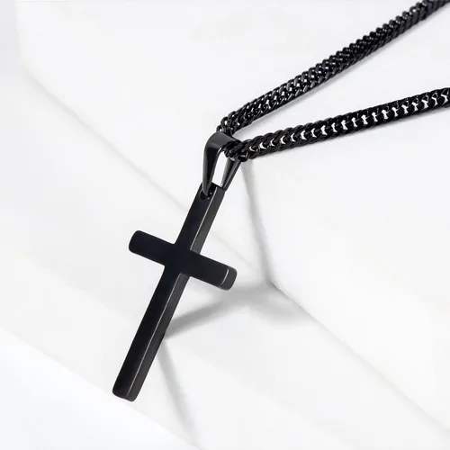 Vista 5 de Collar de cruz para hombre, collar con colgante de cruz lisa de acero inoxidable plateado y dorado para hombre, cadena cubana de 18 a 26 pulgadas