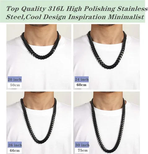 Vista 6 de ROWIN&CO - Cadena para hombre, color negro, pesada, grande, de acero inoxidable 316L, cadena de eslabones cubanos, cadena de joyería de hip hop