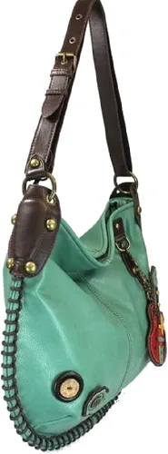 Vista 4 de Chala Bolsos de mano, estilo casual, suave, grande hombro o bolso cruzado con llavero, color verde azulado, Búho