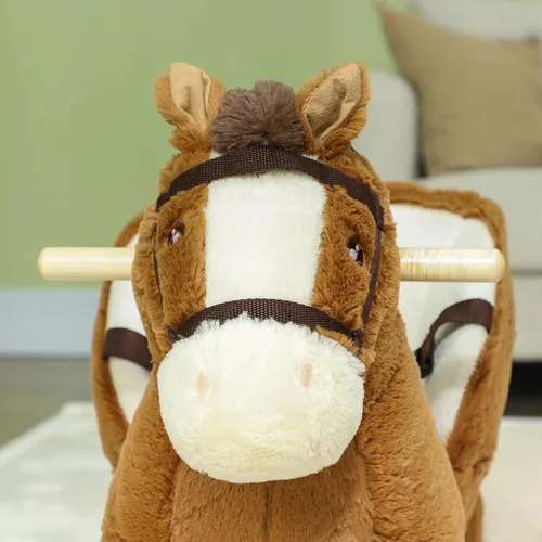 Vista 9 de Qaba Caballo mecedor para bebé con base de madera de sonido, edades de 18 a Mecedora de animales de peluche, cinturón de seguridad