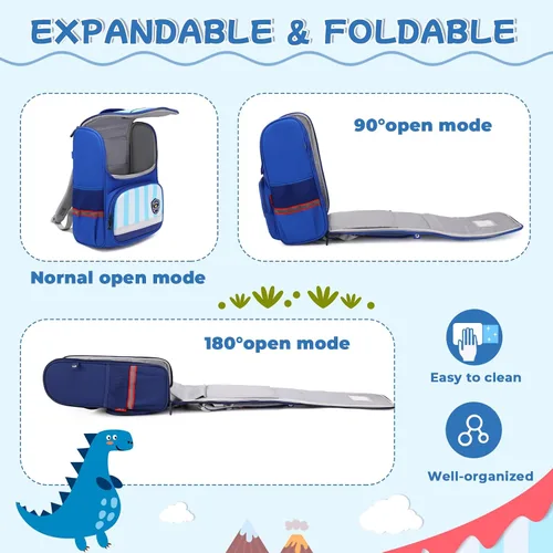Vista 7 de Mochila para niños, mochila escolar abierta para niños y niñas para escuela primaria y primaria, mochila escolar de dibujos animados, Dinosaurio