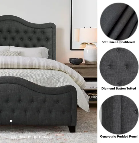 Vista 6 de Rosevera Turin Linen - Cama tapizada con paneles con cabecero ajustable con botones para dormitorio, tamaño Queen, carbono