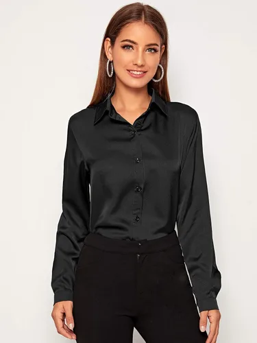 Vista 3 de Floerns Blusa de oficina de satén y seda para mujer blusa de manga larga con botones