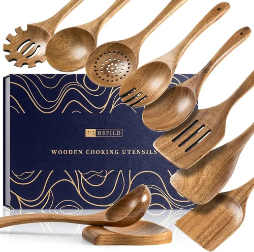 Vista 15 de cucharas de madera para cocinar, juego de utensilios de cocina antiadherentes con 10 piezas de espátulas y cucharas de madera de acacia