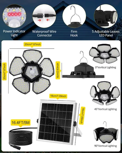 Vista 2 de T-SUN Luz Solar para Cobertizo Interior y Exterior, 1200LM 156LED Luz Colgante con Sensor de Movimiento con 5 Modos de Iluminación y Control Remoto