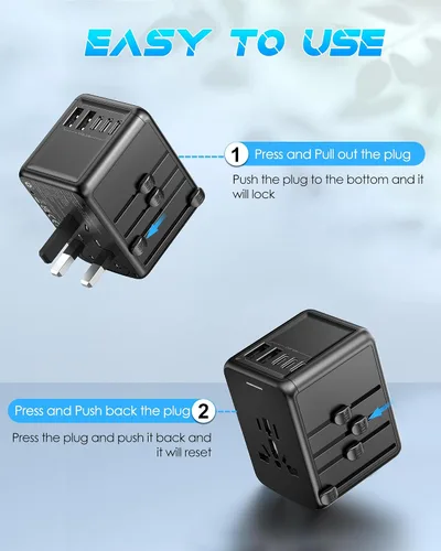 Vista 7 de Adaptador universal de viaje, 30 W 6.0 A, 5 puertos USB C/A y salida de CA de 2500 W International Power Adapter for Europe UK US AU 200+ 3 USB