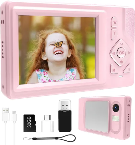 Vista 9 de Cámara digital para niños, adolescentes y principiantes - 1080P FHD 48MP, LCD de 2.83 pulgadas, zoom digital 18X y antivibración, tarjeta SD de 32