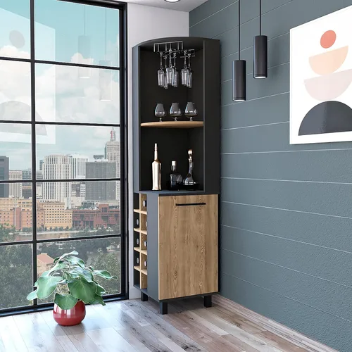 Vista 2 de FM FURNITURE Leah Armario esquinero para bar con 2 estantes abiertos, 2 estantes interiores, estante de vidrio y 10 cubos de vino, negro/pino