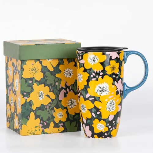 Vista 14 de DUSVALLY Taza de viaje de cerámica de 17 onzas con tapa, taza de café de arte abstracto, taza de té moderna de mediados de siglo con asa, apta