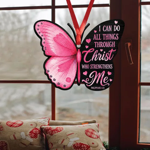 Vista 4 de Talataca Mariposa rosa con texto en inglés "I Can Do All Things Through Christ Strengthens Me" 2D Flat Car Rear View Mirror Accessories Christmas