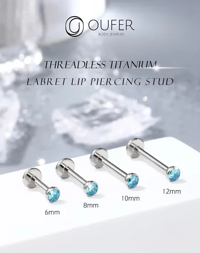 Vista 2 de OUFER - 2 aretes tipo dormilona de titanio G23 sin rosca, 20G/18G/16G, con respaldo plano y circonia cúbica pequeña, piercing para nariz, helix