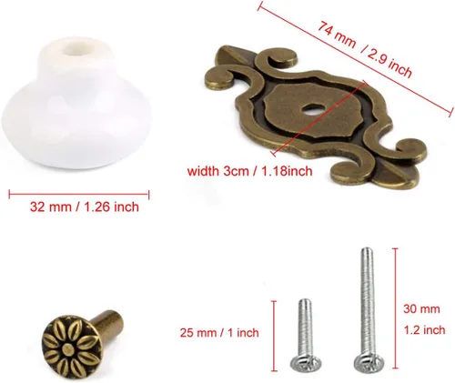 Vista 2 de HUAMULAN Paquete de 10 Pomos de Cerámica Retro, Tiradores Vintage para Cómoda Cocina con Pétalos para Gabinete, Base de Aleación de Zinc, Placa