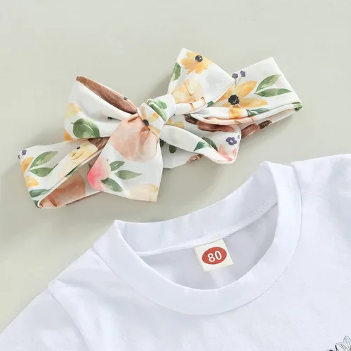 Vista 5 de MOREELUCK Conjunto de pantalones de Pascua para bebé niña, camiseta gráfica de conejo, pantalones acampanados con diadema, trajes de vacaciones