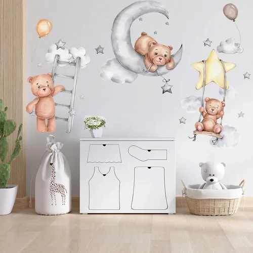 Vista 5 de Calcomanías de pared con diseño de oso de dibujos animados, diseño de oso de luna para dormir, despegar y pegar, papel tapiz mural extraíble