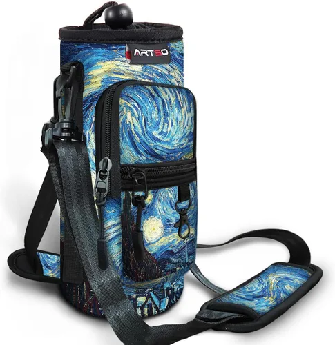 Vista 14 de ARTSO Bolsa de transporte para botella de agua con bolsillo para teléfono, funda de neopreno para botella de agua, bolsa con correa ajustable