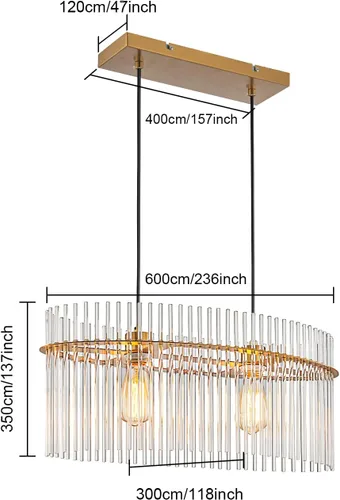 Vista 3 de Lámpara de Araña de Cristal Moderna de 2 Luces D23.6 Lámpara de Araña de Comedor Sobre Mesa Luminaria de Techo Colgante Contemporánea Altura