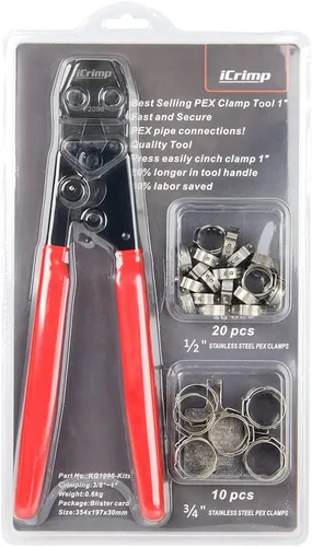 Vista 8 de IWISS PEX - Crimpadora para abrazaderas de acero inoxidable de 3/8 a 1 pulgada. Incluye 20 abrazaderas de 1/2 pulgada y 10 abrazaderas de 3/4