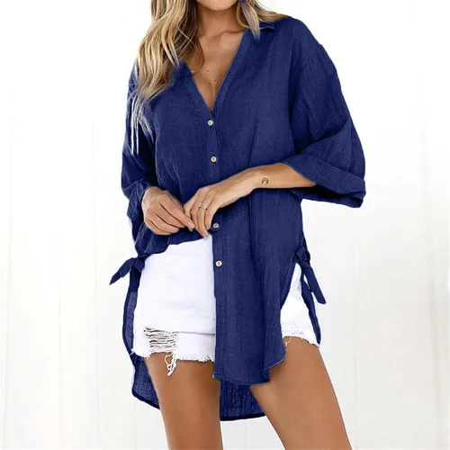 Vista 26 de Camisas de manga larga con botones para mujer, asimétricas, casuales, con cordones, túnica de gran