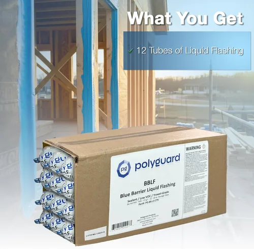 Vista 2 de POLYGUARD Blue Barrier Liquid Flashing Paquete de 12 tubos de salchicha de 20 onzas. Sistema de barrera de aire resistente a la intemperie alrededor