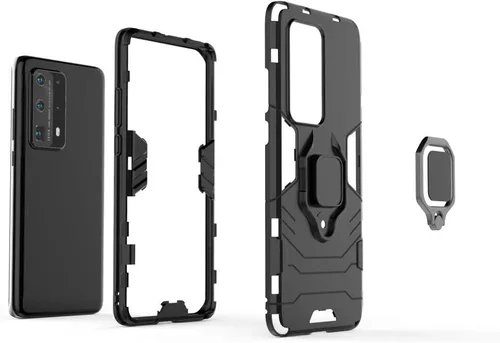 Vista 4 de Compatible con Huawei P40 Pro+, soporte de anillo de metal (funciona con soporte magnético para automóvil), funda resistente de doble capa para Negro