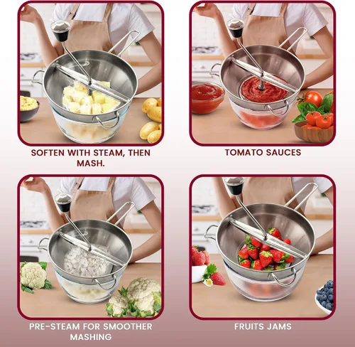 Vista 4 de Molinillo de alimentos con 3 discos de molienda, tazón y mango de fresado, molinillo de comida de acero inoxidable seguro, molinillo de alimentos