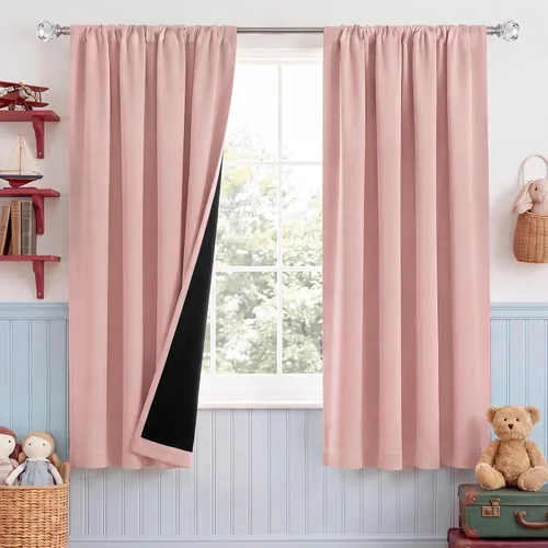Vista 11 de NICETOWN Biscotti Beige 100% Cortinas opacas de 45" de largo para cocina, bolsillo con varilla para sótano completamente opaco, cortinas térmicas