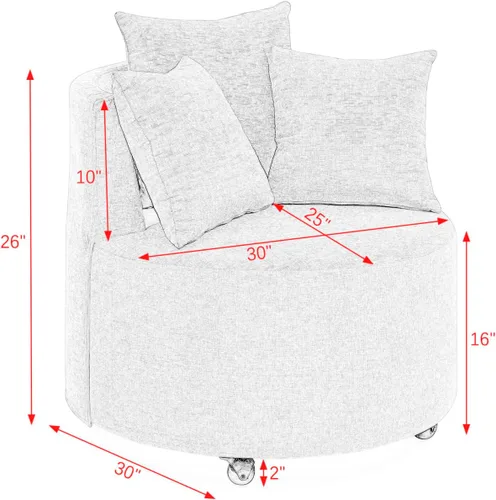 Vista 3 de Moderna silla giratoria tapizada de chenilla, silla giratoria redonda de gran tamaño con 3 almohadas, 4 ruedas para sala de estar, color amarillo