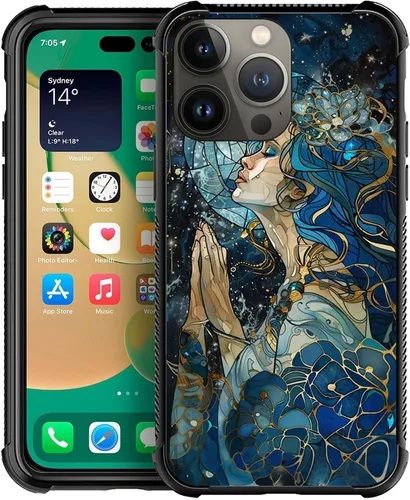 Vista 13 de ZHEGAILIAN Funda compatible con iPhone 14, fundas de caballo de baile de cristal de colores, parte trasera de vidrio templado+funda protectora
