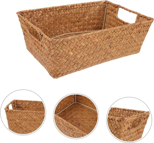Vista 3 de Angoily Cesta de almacenamiento tejida a mano de hierba marina, organizador rectangular para escritorio, cesta portátil de hierba marina, asa