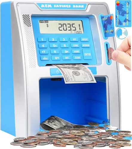 Vista 7 de Fishboy Caja de ahorros parlante estilo cajero automático para niños con dos tarjetas de débito, memoria de apagado, cajón de apertura automática