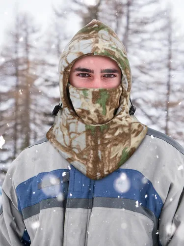 Vista 2 de 3 piezas de pasamontañas camuflaje para caza, máscara facial Sherpa con capucha, cubierta facial resistente al viento para clima frío, deportes