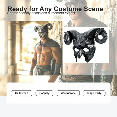 Vista 6 de MCJC Máscara con cuernos de cabra de diablo, accesorios de cosplay de Halloween, máscara de media cara para adultos, 4