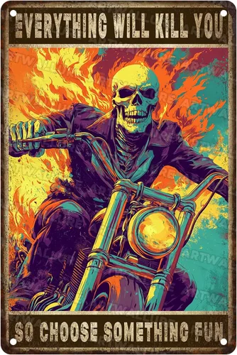 Vista 16 de ARTWALLURE Letrero de metal vintage de motocicletas con texto en inglés «Girl Biker No One is Perfect Except Woman Rides» para cafetería, bar