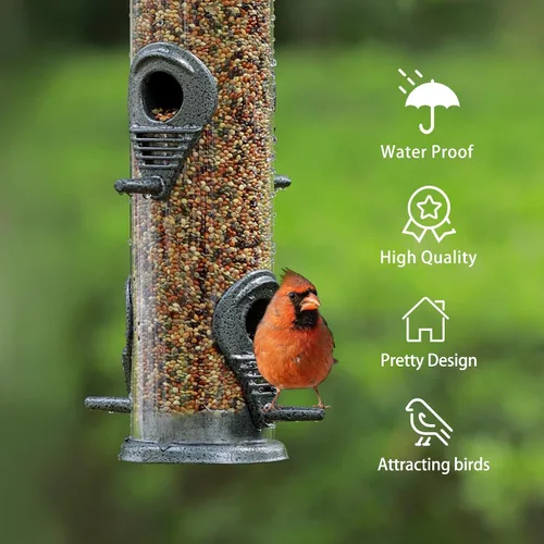 Vista 5 de MIXXIDEA 1PK Alimentadores de pájaros metálicos con 6 puertos de alimentación, alimentador de pájaros de tubo con colgador de acero, alimentador