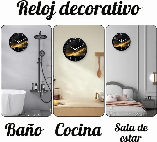 Vista 5 de Reloj de pared moderno negro y dorado con pilas, reloj de pared silencioso de 12 pulgadas, reloj de pared de vidrio sin tictac para sala de estar