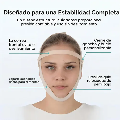Vista 3 de Banda de correa de barbilla para ropa de compresión facial poscirugía, Cinta de envoltura de cara de doble barbilla, Ejercitador de línea de Beige