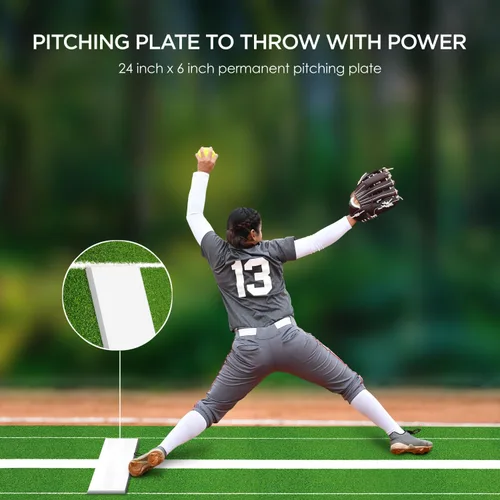 Vista 5 de Softball Pitching Mat with Rubber Pitching Mound for Pitchers Practice 10x3 Feet Turf Mat with Antislip Foam Backing for Softball and Fastpitch