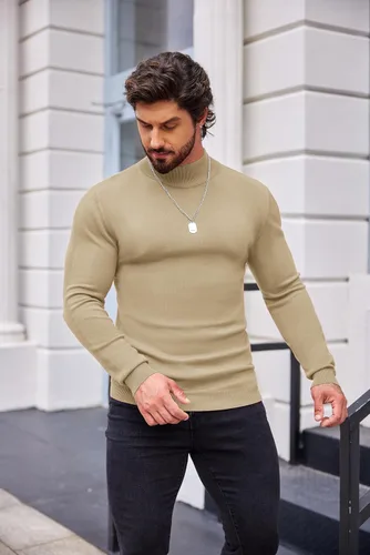 Vista 2 de COOFANDY Suéter de cuello alto falso para hombre, ajuste delgado, informal, básico, suéter térmico de punto