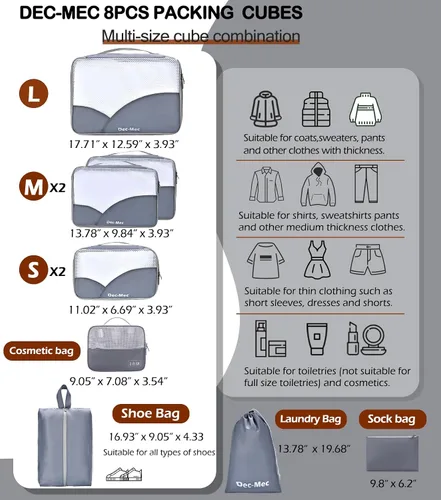 Vista 2 de Juego de 8 cubos de embalaje para viaje (L, M, S, XS), juego organizador de maletas para accesorios de viaje, artículos esenciales de viaje, bolsas