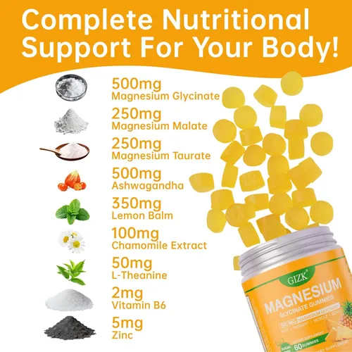 Vista 5 de Gomitas de glicinato de magnesio de 500 mg - Gomitas de magnesio sin azúcar para dormir, estrés, apoyo muscular y nervioso - para adultos y niños
