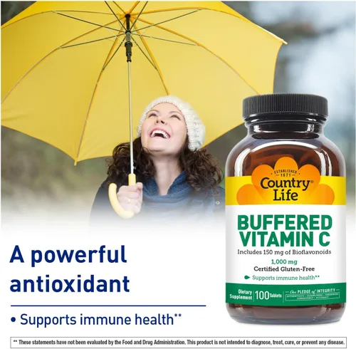 Vista 2 de Country Life Vitamina C tamponada de 1000 mg con bioflavonoides, calcio, magnesio, potasio, apoyo inmunológico, cápsulas veganas, sin gluten, suave