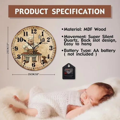 Vista 7 de ArogGeld Chef - Reloj de pared de cocina de madera, 10 silencioso, sin tictac, de cuarzo, funciona con pilas, para sala de estar, dormitorio