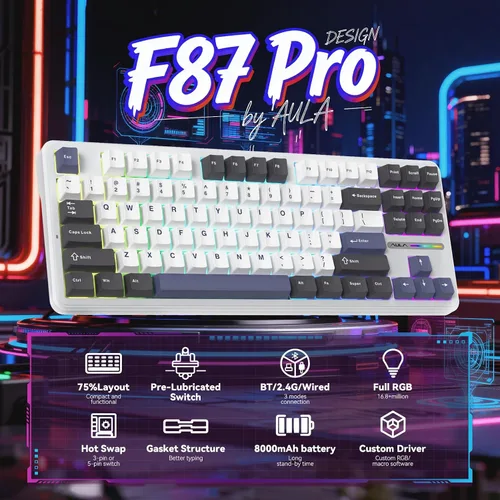 Vista 2 de Aula F87 Pro Wireless Mechanical Keyboard, Tri-Mode Bluetooth2.4GUSB-C Hot-Swappable RGB Gaming Keyboard, Gasket Mount, 4000mAh, for WindowsMac