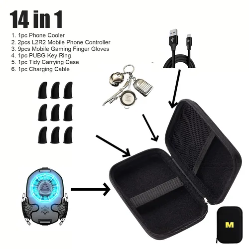 Vista 2 de 14 in 1 PUBG Mobile Phone Triggers with Cooling Fan, Cell Phone Gaming Controller with Cooler for PUBG/Call of Duty/Rules of Survival/Free Fire
