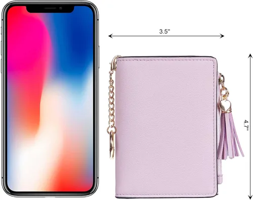 Vista 2 de Gostwo Mini cartera pequeña plegable para mujer con borla y bolsillo con cremallera para monedas, Purple With Key Chain