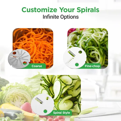 Vista 4 de NutriChef Picador eléctrico 3 en 1 de verduras, espiralizador y máquina de ensaladas, cortador de frutas, máquina trituradora en espiral, máquina