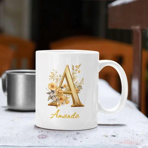 Vista 3 de Taza de cerámica personalizada con letra A del alfabeto, taza de café personalizada con nombre, taza de té inicial con monograma floral