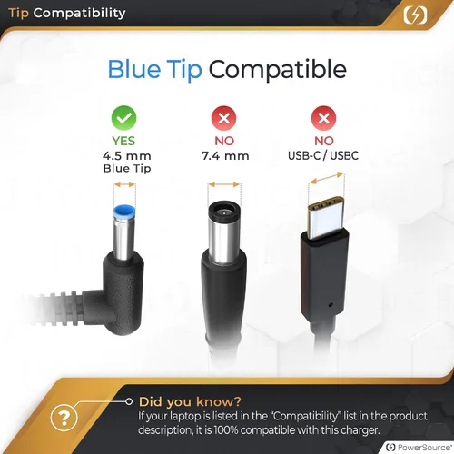 Vista 2 de PowerSource Adaptador de CA HP Smart Blue Tip de 19.5V 65W 45W Certificado UL de 14 Pies de Largo para Muchos Modelos Incluyendo X360 Pavilion