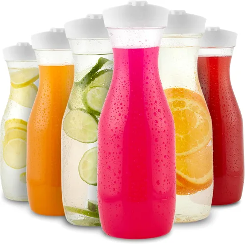 Vista 9 de Jarra de jugo de plástico con tapas (juego de 2) jarras de 32 onzas para barra de mimosa, jarra de bebidas con tapa, botella de agua, recipiente